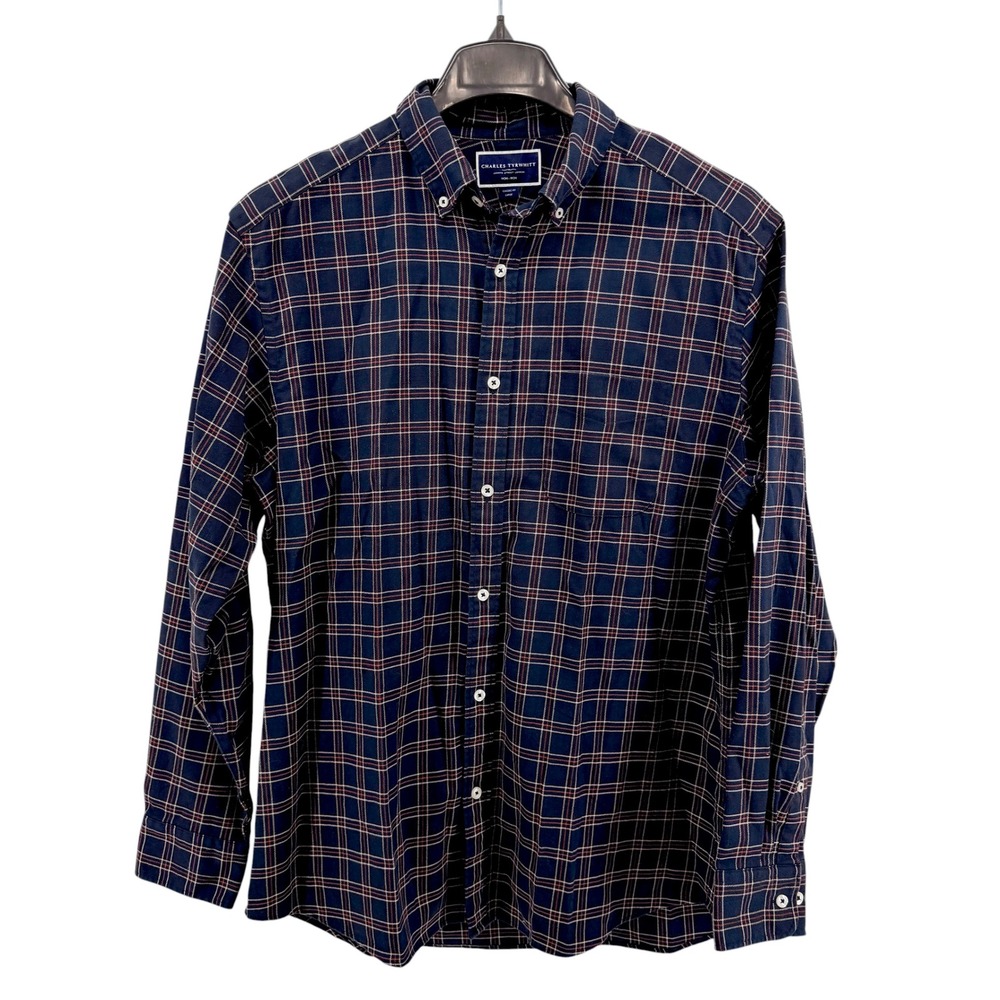 Charles Tyrwhitt Button Down Mens Large Pre-Owned Shirt Navy Blue Plaid Non-Iron